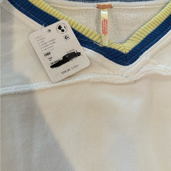 $98 Free People Rio Stripe Hem Sweatshirt, Women's Cream and Blue V-Neck Top - Picture 7 of 7